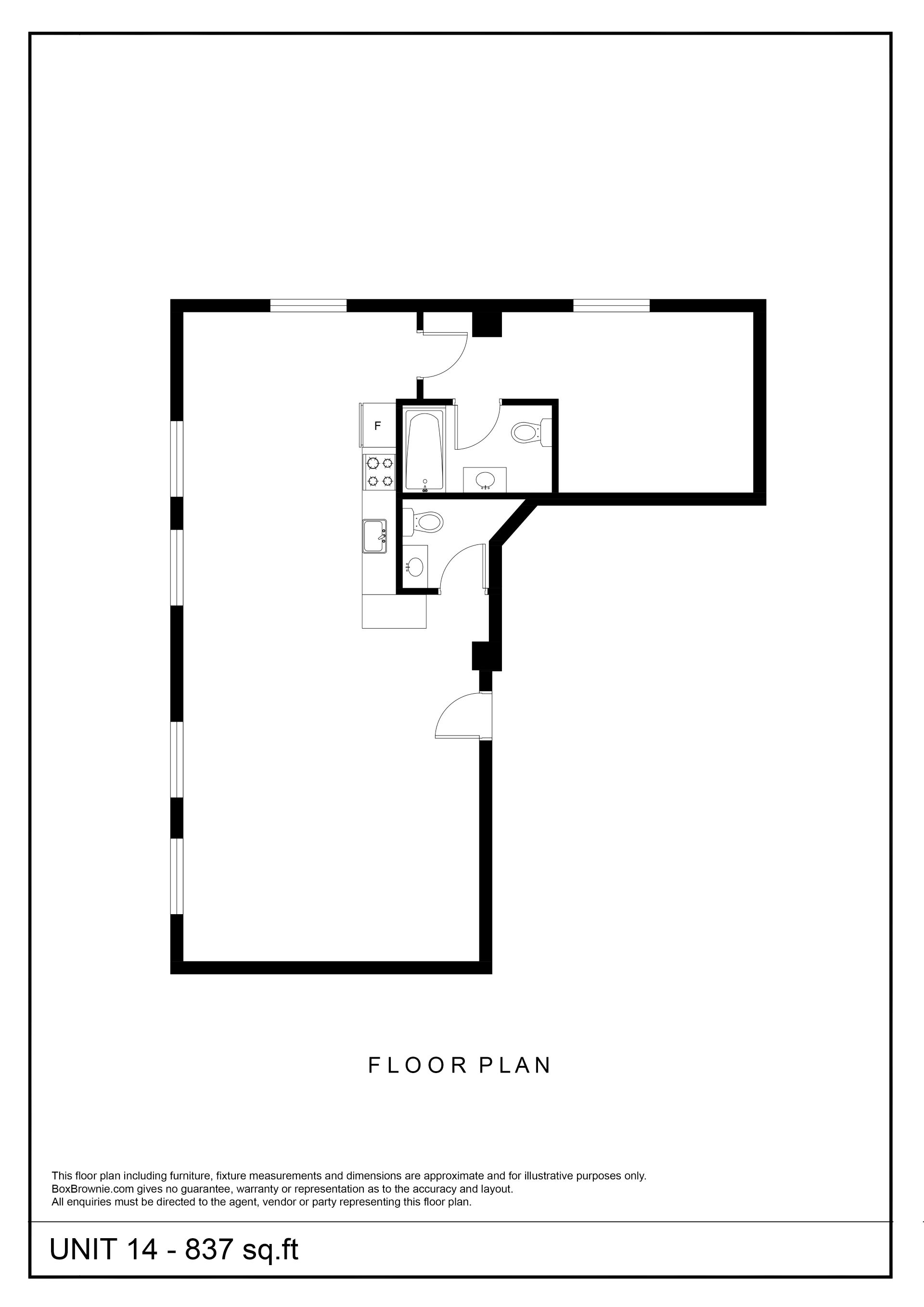 Floor plan for 1 bed, 1.5 baths, 513 sqft
